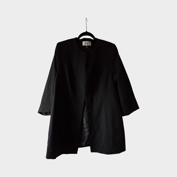 Le Suit Black Long Blazer Collarless Jacket Structured Career Minimalist Open 18 - Picture 11 of 16